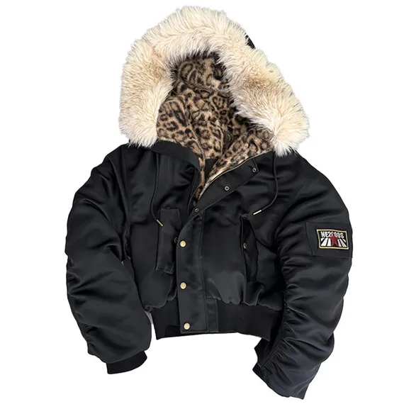 noEmosen Leopard Fur Collar Bomber Jacket